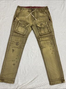 Hustle Gang Cargo Pants Mens 36 Tan Distressed Utility Drawstring Industrial